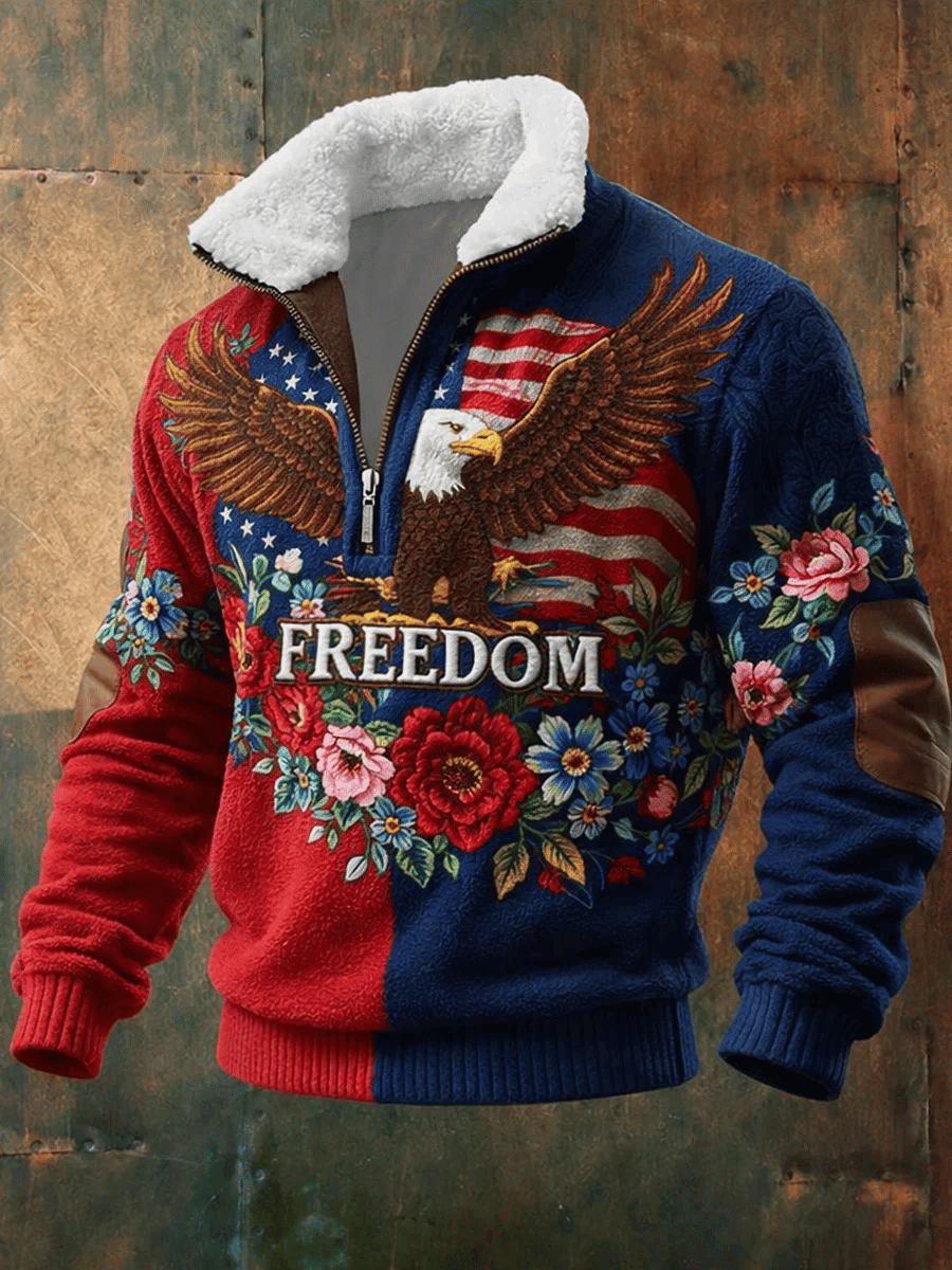 Eagle America 250th Anniversary Collar Zipper Sweatshirt Floral Freedom Patriotic Clothing