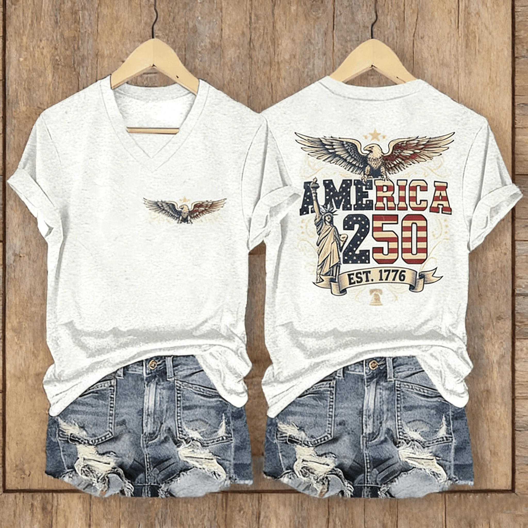 Eagle America 250th Anniversary V-Neck Shirt Statue Of Liberty Clothes Gift For Her