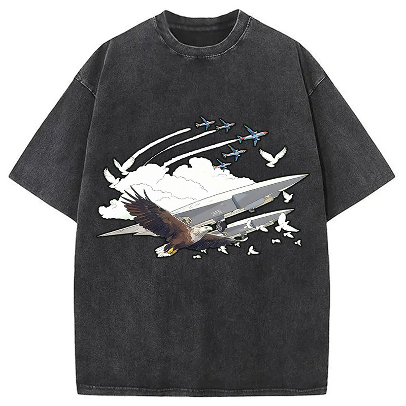 Eagle and Drone Washed T-Shirt Cool Graphic Tee For Men Women Gifts For Her