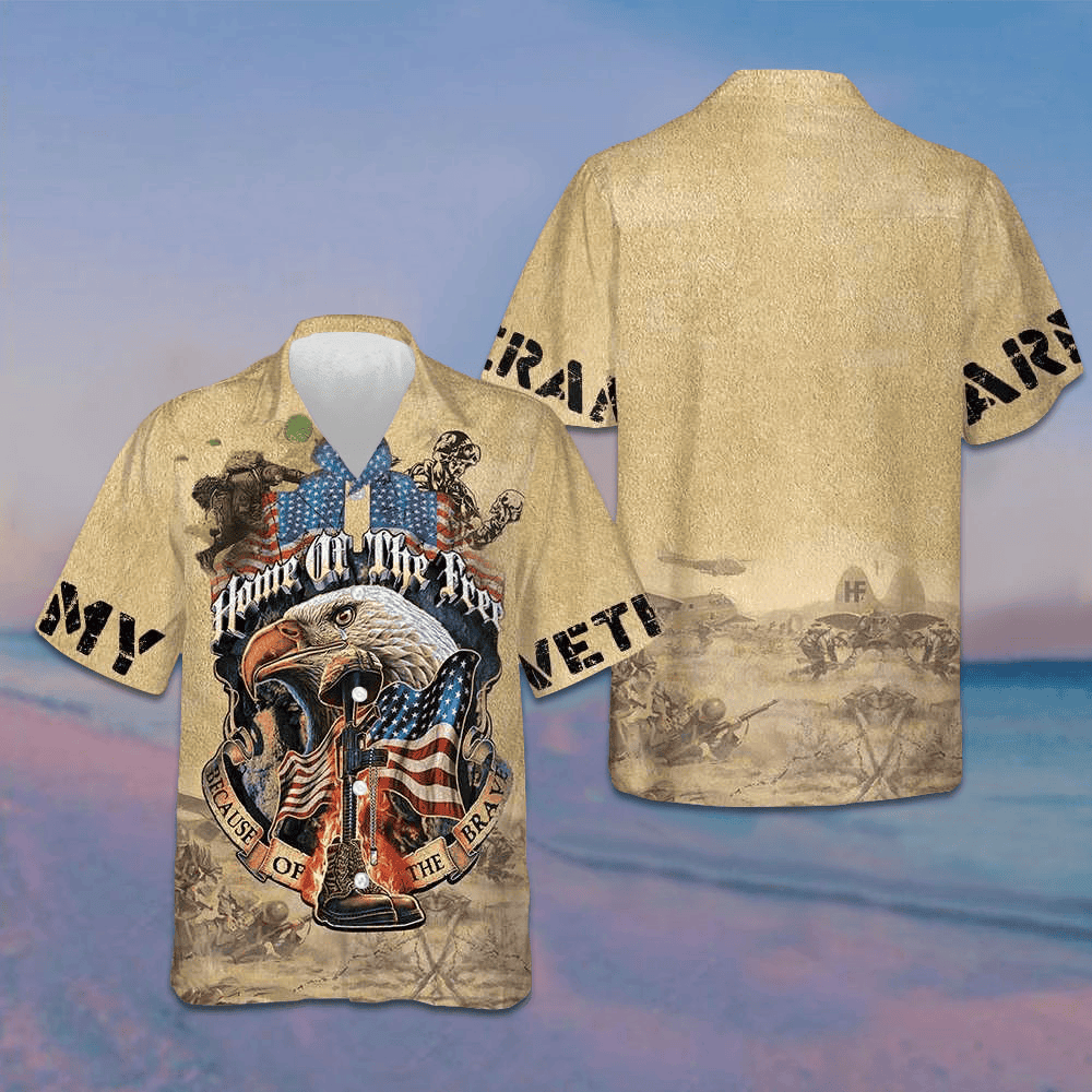 Eagle Army Veteran Home Of The Free Hawaiian Shirt Proud Veteran Vintage Button Up Shirt Men