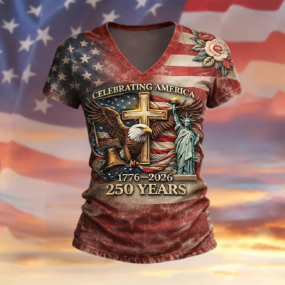 Eagle Celebrating America 250 Years 1776 2026 V-Neck Shirt Fourth Of July Merch Gift For Mother