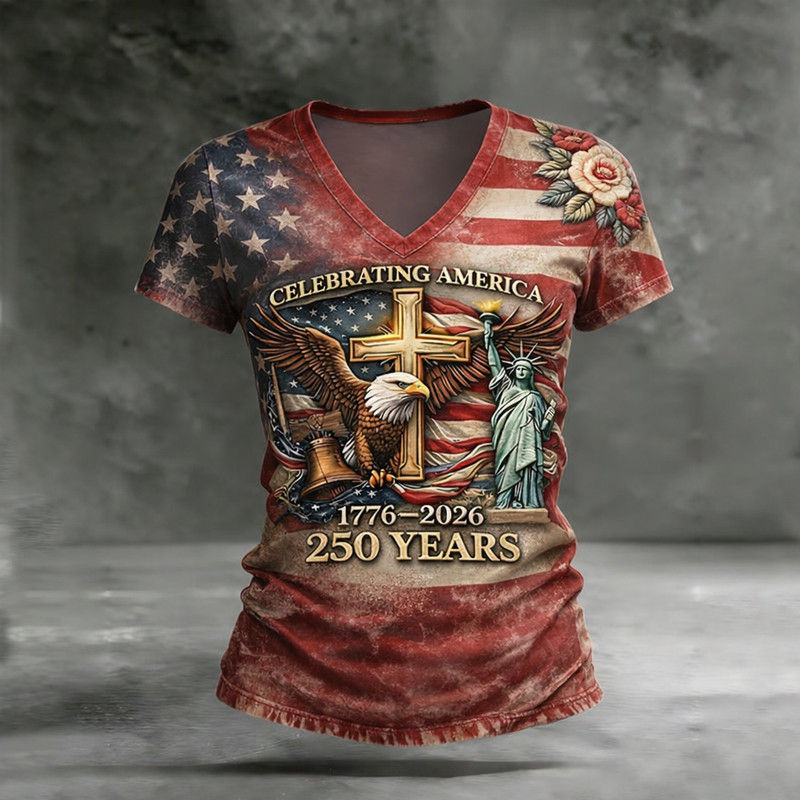 Eagle Celebrating America 250 Years 1776 2026 V-Neck Shirt Fourth Of July Shirt Cool Gift For Patriots