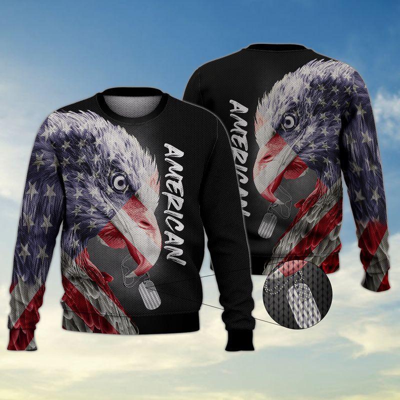 Eagle Dog Tag Veteran Ugly Christmas Sweater American Flag Patriotic Jumper Gifts For Him