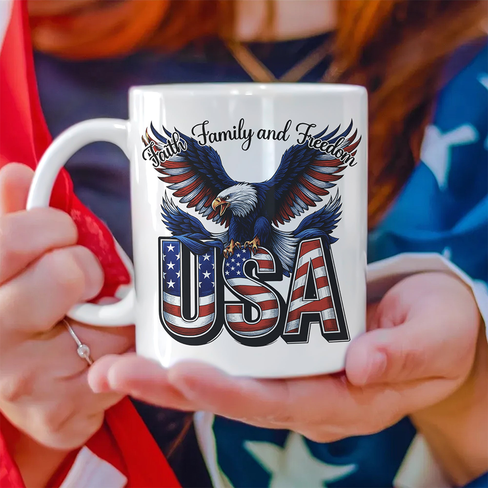 Eagle Faith Family Freedom America 250 Years Patriotic Mug 4Th Of July Gifts