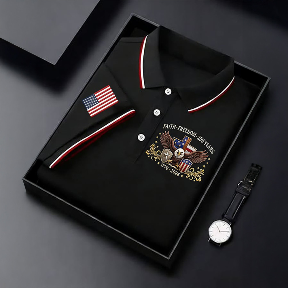 Eagle Faith Freedom 250 Years American Flag Polo Shirt 4th Of July Clothes Freedom Merch