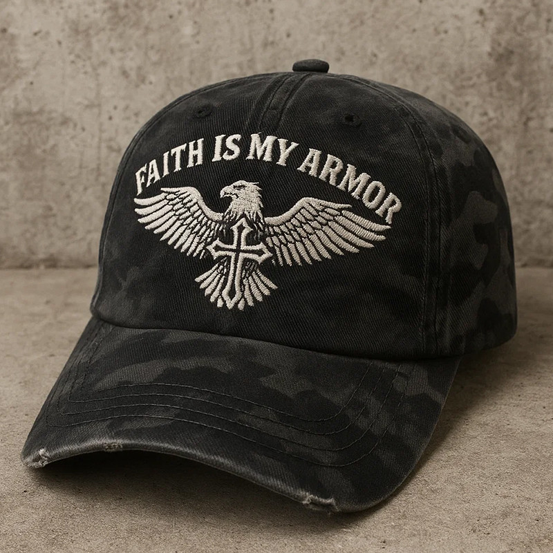 Eagle Faith Is My Armor Camo Hat Holy Cross Christian Themed Baseball Cap Gifts For Veterans