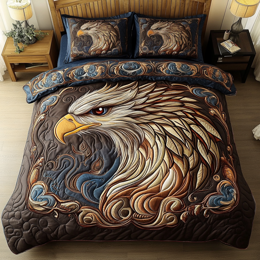 Eagle Flame Quilted Bedding Set Cozy Bedroom Decor Best Eagle Gifts For Husband