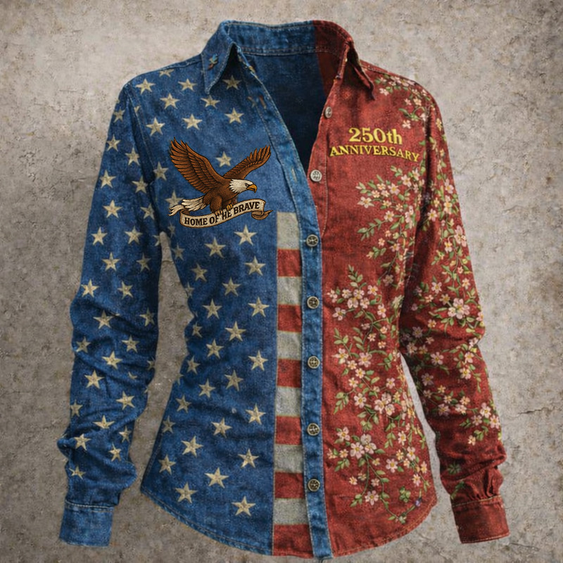 Eagle Home Of The Brave 250Th Anniversary Floral Button Up Long Sleeve Shirt America's 250th Birthday Merch