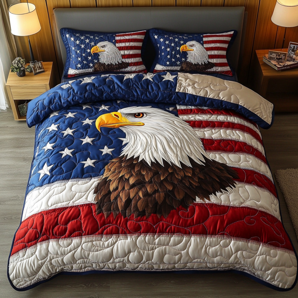 Eagle Patriotic Quilted Bedding Set Aesthetic Room Decor Patriotic Unique Eagle Gifts