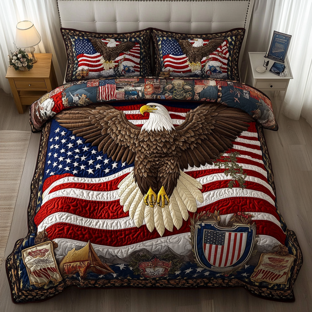 Eagle Patriotic Quilted Bedding Set Aesthetic Room Decor Patriotic Unique Eagle Gifts