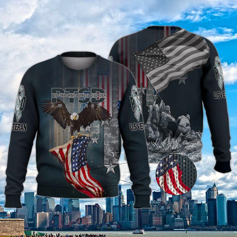 Eagle PTSD Veteran Ugly Christmas Sweater American Flag Military Pride Jumper Gifts For Men