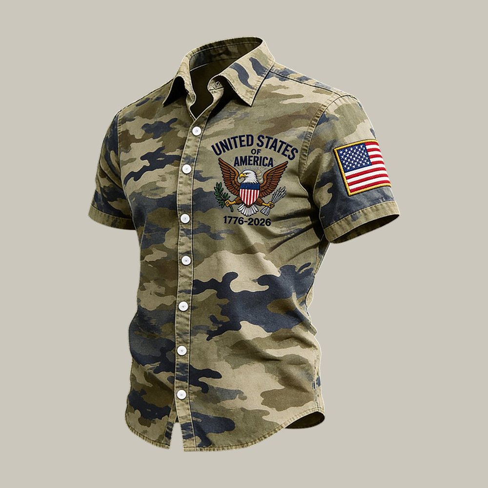 Eagle Retro Camouflage American Anniversary Button Up Shirt Independence Day 2026 Clothes