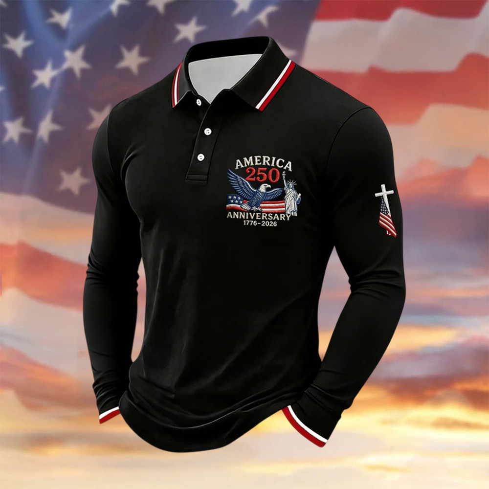 Eagle Retro USA 250th Anniversary Faith Polo Long Sleeve Shirt Fourth Of July Apparel