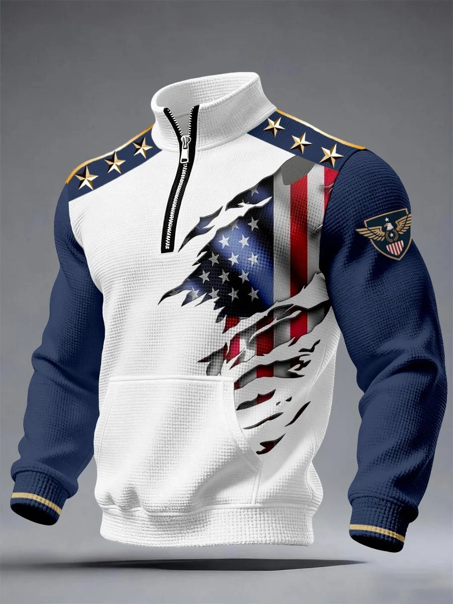 Eagle Shield Flag Quarter Zip Hoodie Mens Patriotic Apparel 250th Anniversary Gift
