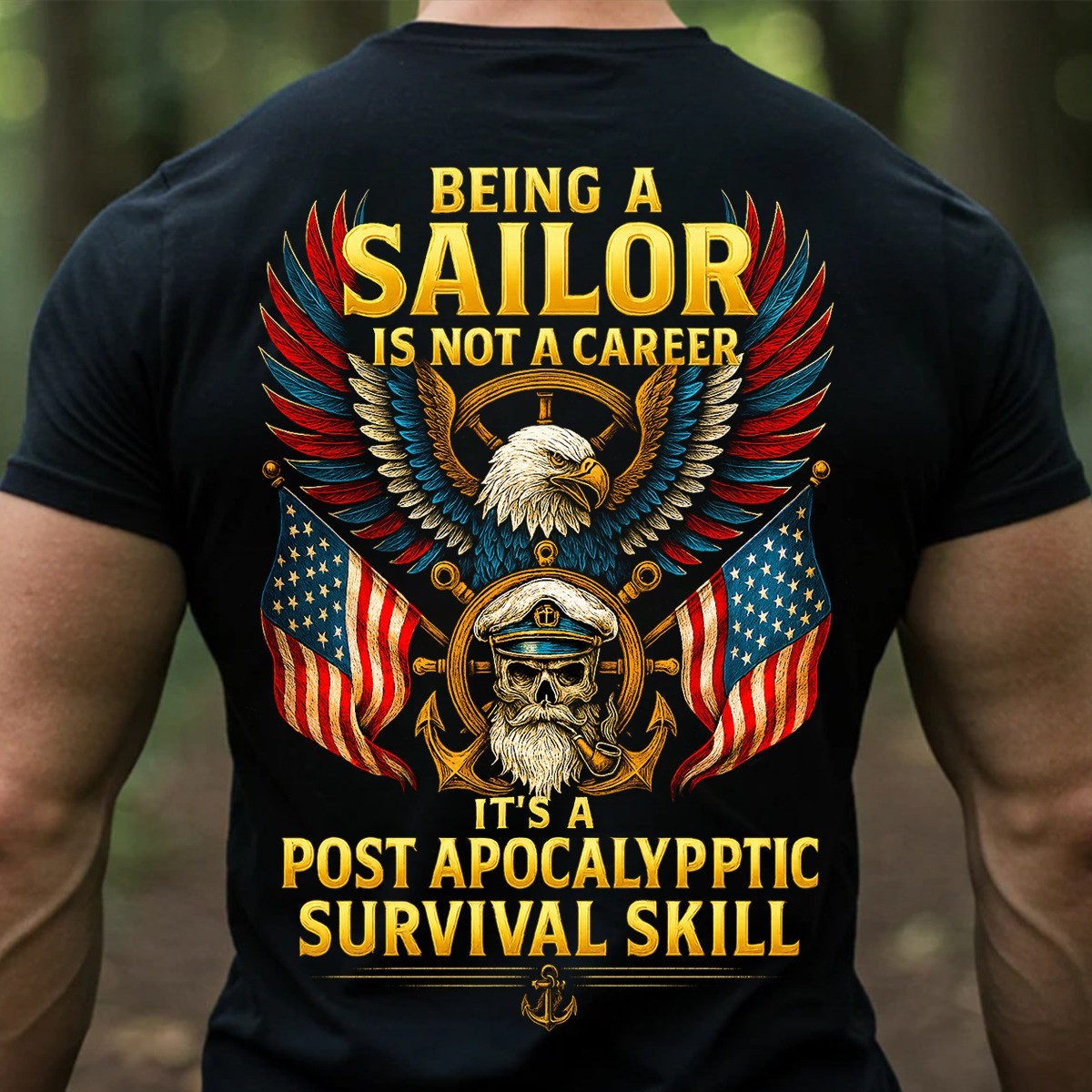 Eagle Skull America Flag Navy Veteran T-Shirt Post Apocalyptic Survival Skill Apparel Gifts