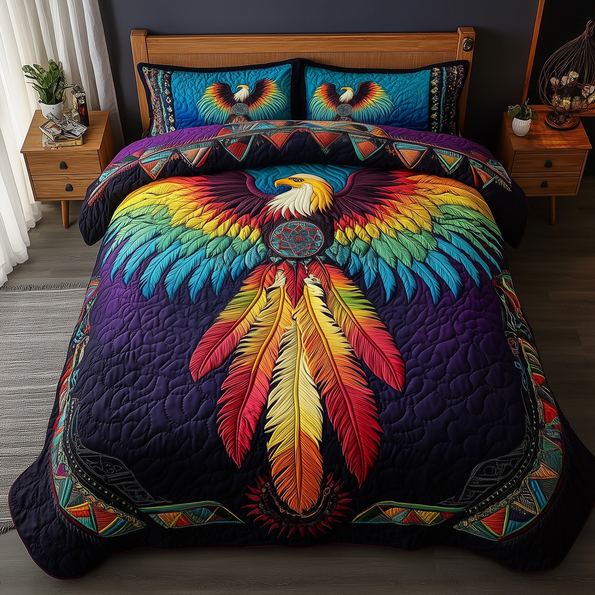 Eagle Tribal Soul Dreamcatcher Quilted Bedding Set Colorful Eagle Feather And Bead Design Gift