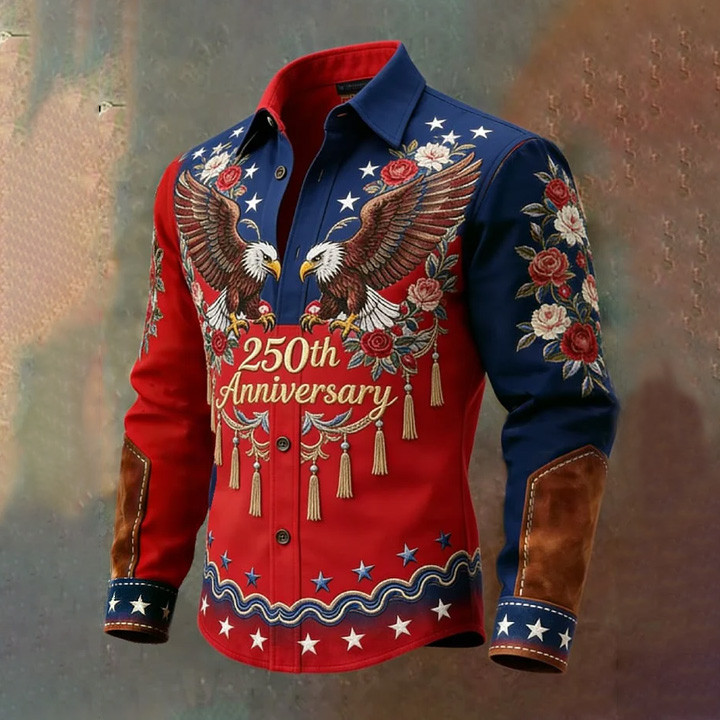 Eagle US 250th Anniversary Button Up Long Sleeve Shirt Patriotic Apparel Freedom Merch