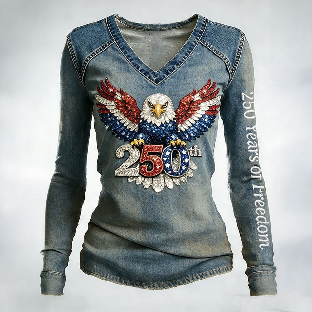 Eagle US 250Th Anniversary Vintage V-Neck Long Sleeve Shirt 4th Of July Merch Mother Gift Ideas