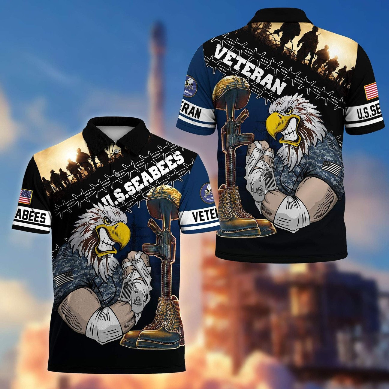 Eagle US Seabees Veteran Polo Shirt Patriotic Military Gift for Friends and Dad and Husband on Veterans Day