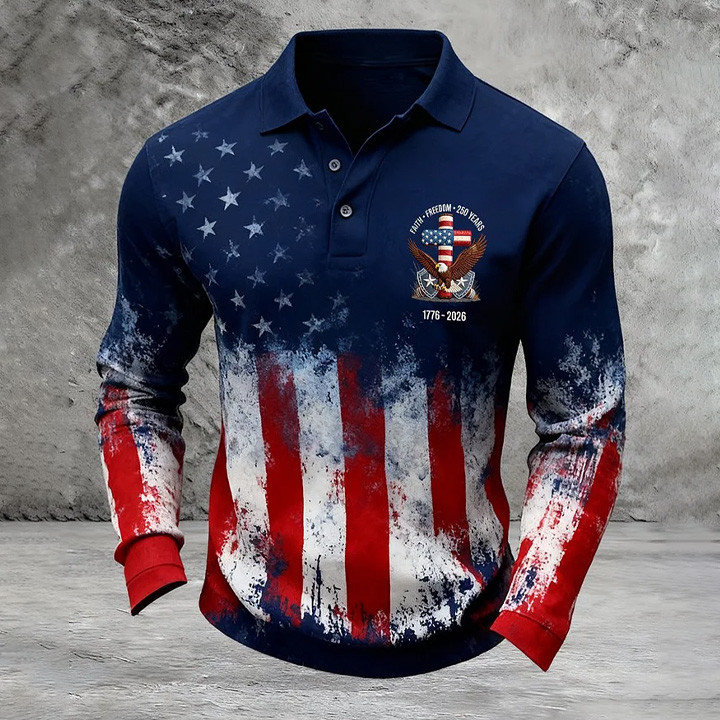 Eagle USA 250th Anniversary 1776 2026 Faith Polo Long Sleeve Shirt 4th Of July Apparel