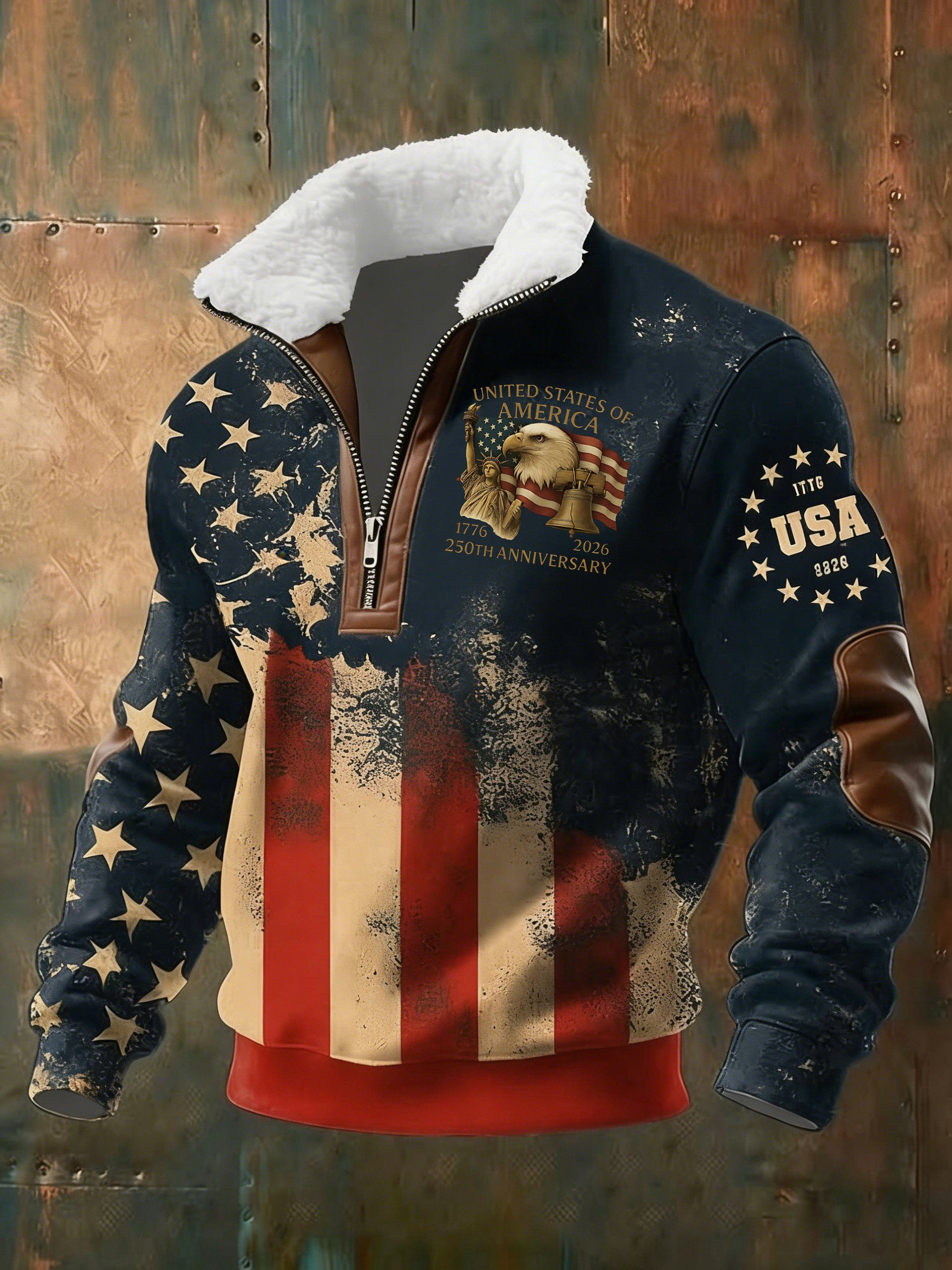 Eagle USA 250th Anniversary 1776 2026 Stand Up Collar Sweater Patriotic Clothing Proud Gifts