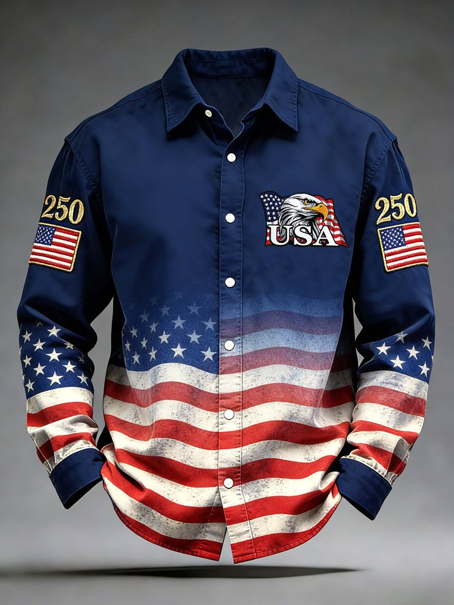 Eagle USA 250th Anniversary Button Up Long Sleeve Shirt Patriotic Clothing GIfts For Husband
