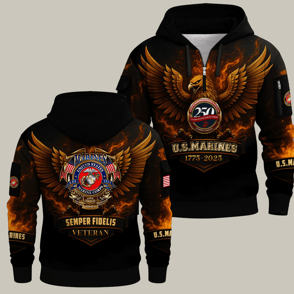 Eagle USMC 250Th Anniversary Quarter Zip Hoodie Semper Fidelis USMC Anniversary Apparel Gifts