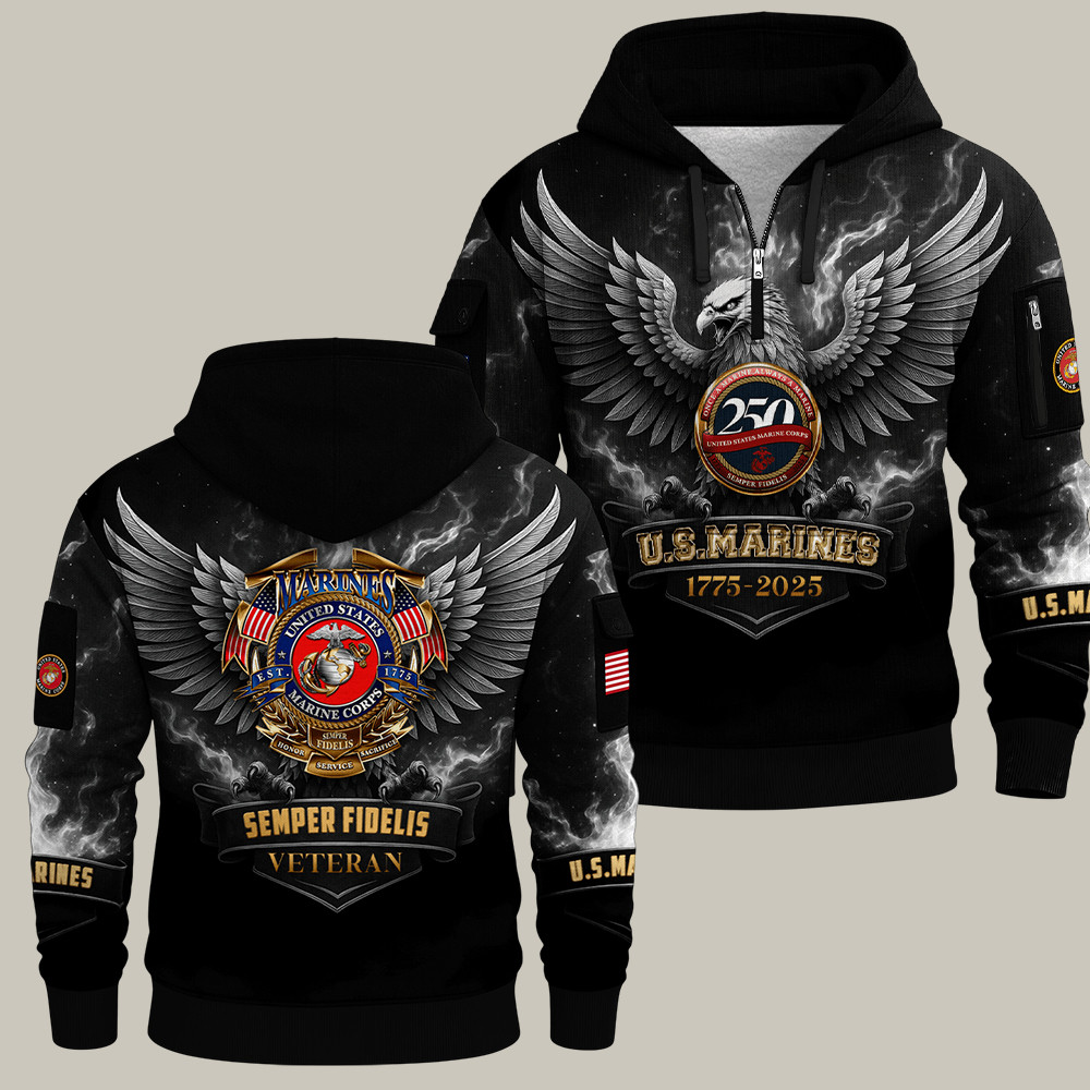 Eagle USMC 250Th Anniversary Quarter Zip Hoodie Semper Fidelis USMC Veteran Gift