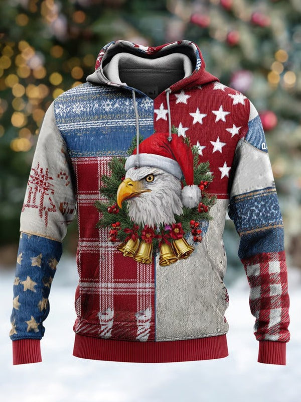 Eagle Wearing Santa Hat Christmas Hoodie USA Flag Christmas Bell Wreath Patriotic Gifts