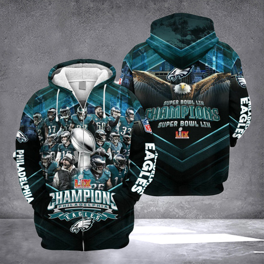 Eagles Super Bowl LIX Champions Zipper Hoodie Philadelphia Eagles Championships Merch Fan Gifts