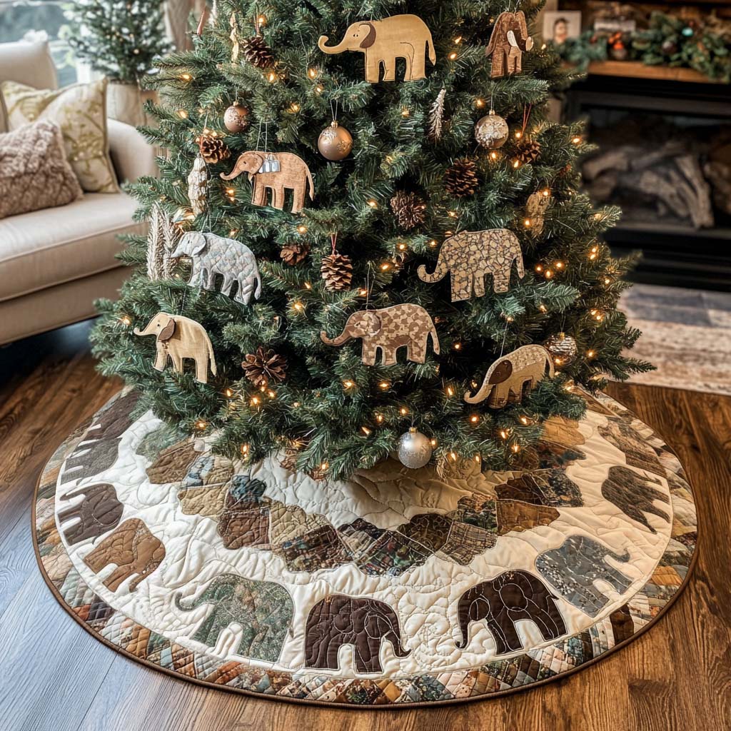 Earthy Elephants Christmas Quilted Tree Skirt Family Holiday Gathering Decor