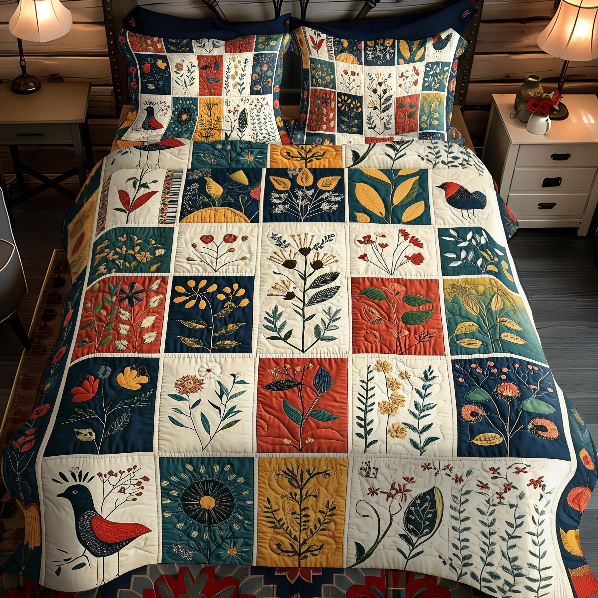 Earthy Petals Quilted Bedding Set Cute Bedroom Decor Christmas Flower Gifts