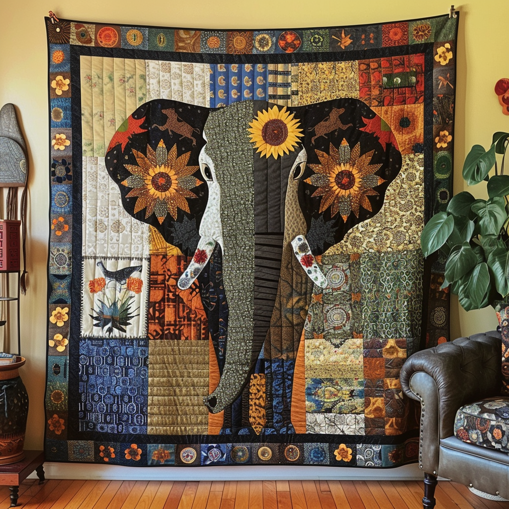 Earthy Sunflower Elephant Quilted Blanket Elephant Gifts For Her