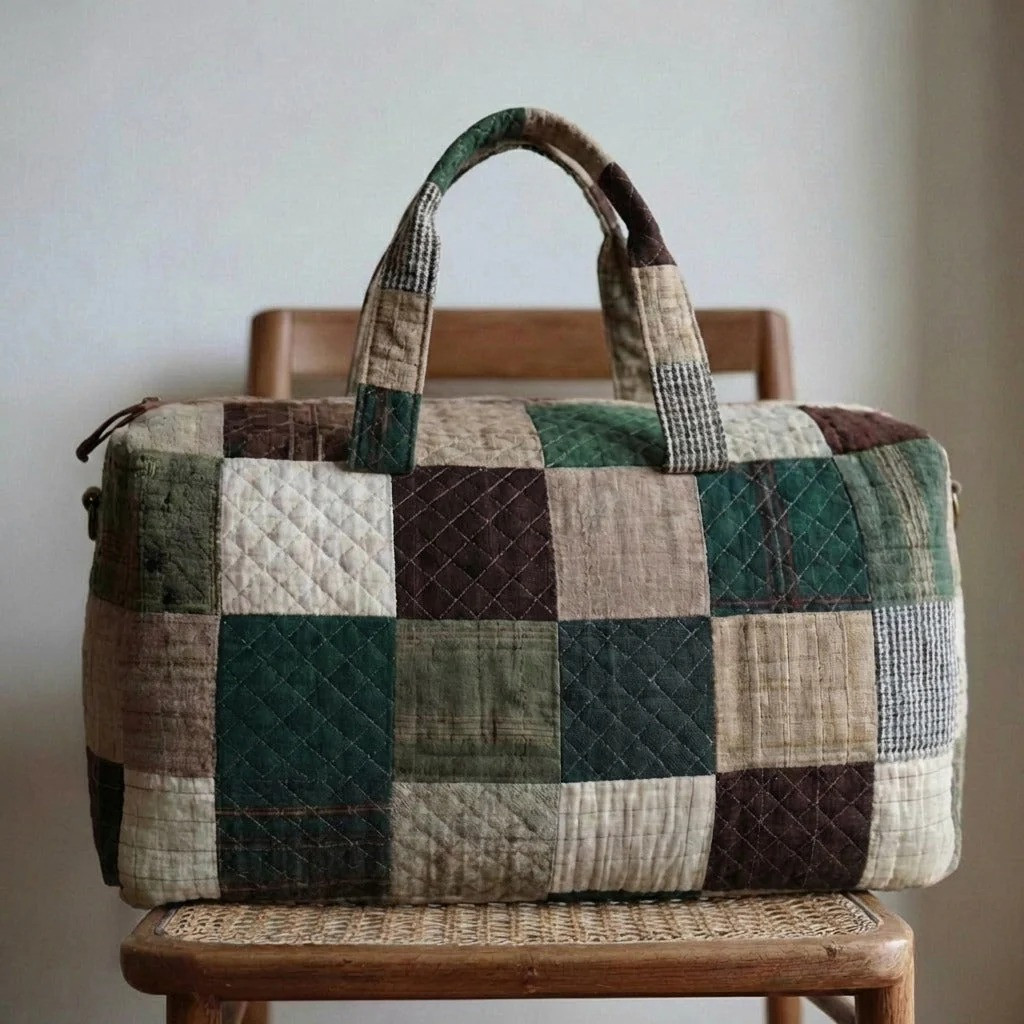 Earthy Tones Patchwork Quilted Duffle Bag Rustic Weekend Travel Bag Best Gift For Outdoor Lovers