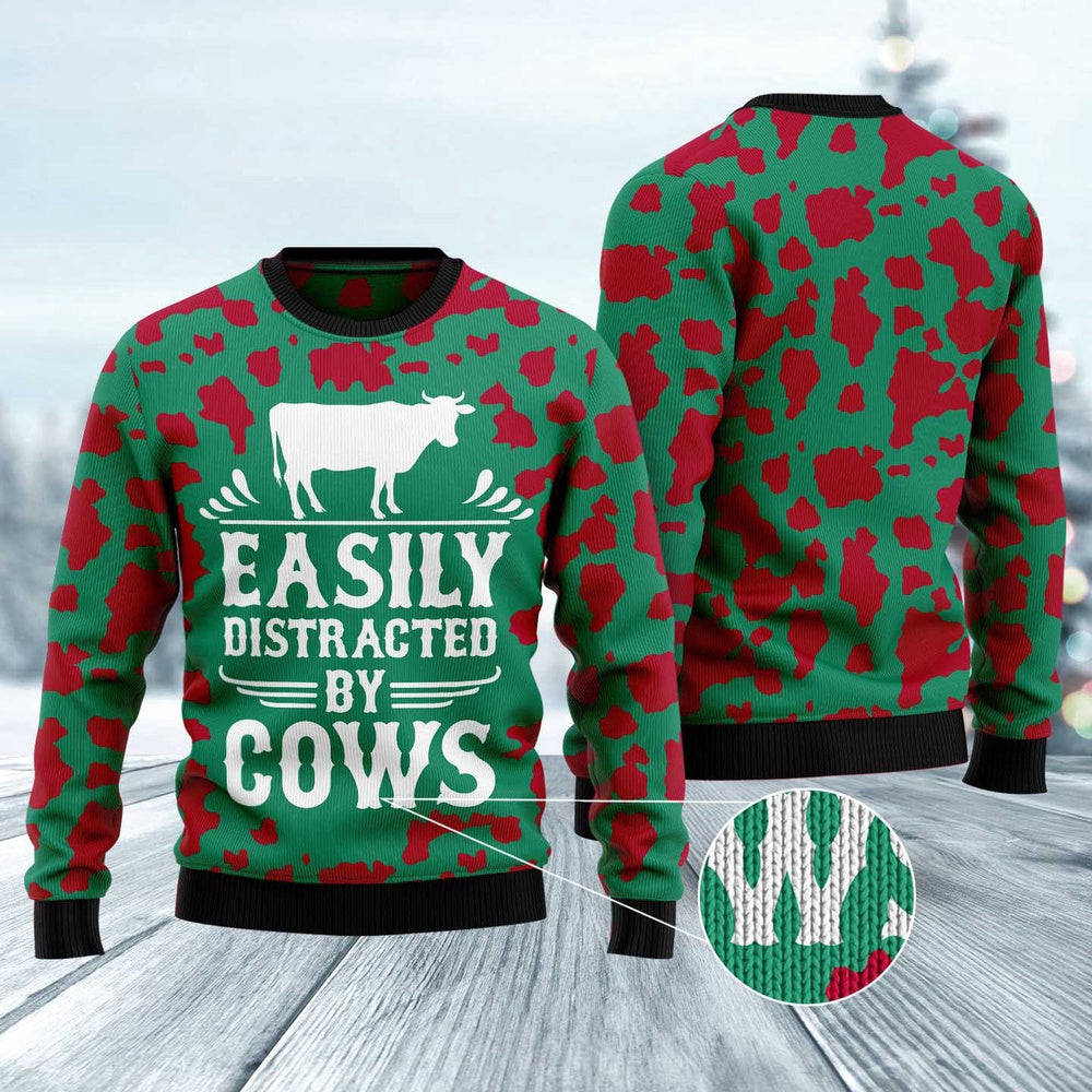 Easily Distracted By Cows Ugly Christmas Sweater Funny Ugly Christmas Sweater Xmas Gifts