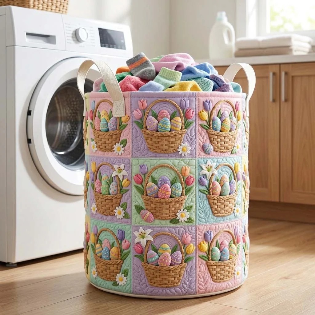 Easter Basket Egg Tulip Quilted Laundry Basket Spring Floral Home Decor Best Gift For Easter Lovers