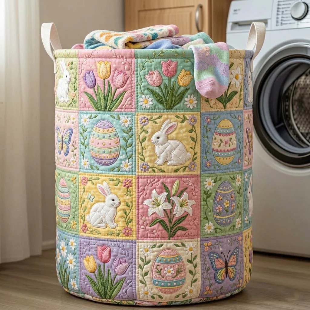 Easter Bunny Butterfly Garden Quilted Laundry Basket Spring Home Decor Best Gift For Easter Lovers