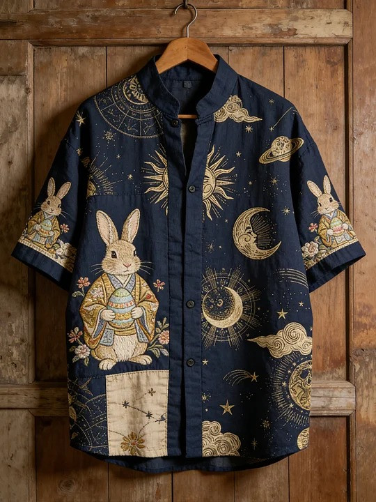 Easter Bunny Celestial Button Shirt Samurai Rabbit Moon Art Holiday Clothing Best Gift For Lovers