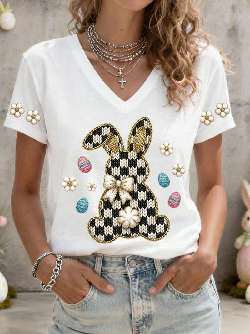 Easter Bunny Checkered Daisy Pearl V-Neck Shirt Crochet Bow Easter Eggs Best Gift For Easter Lovers
