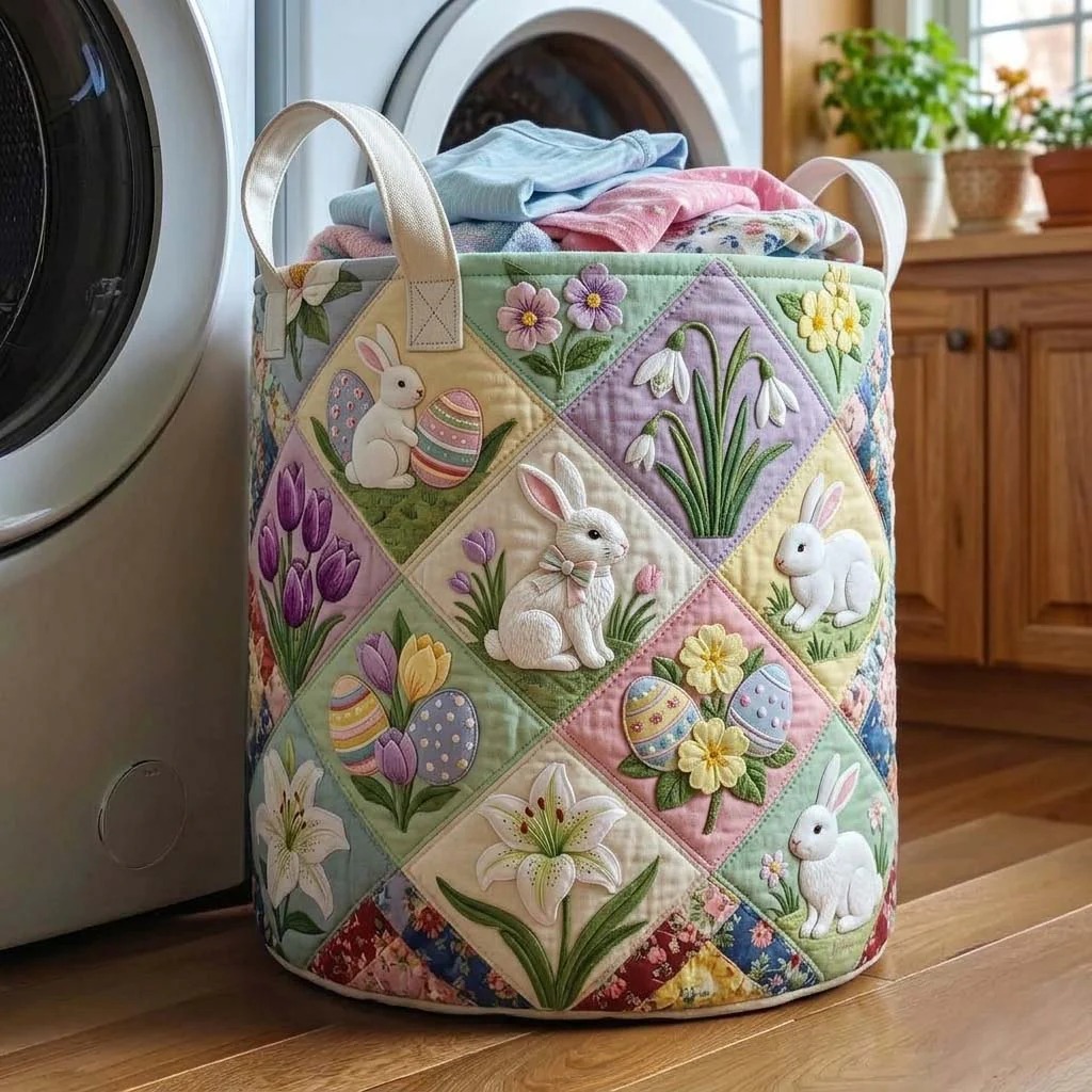 Easter Bunny Diamond Spring Quilted Laundry Basket Floral Home Decor Unique Gift For Easter Fans