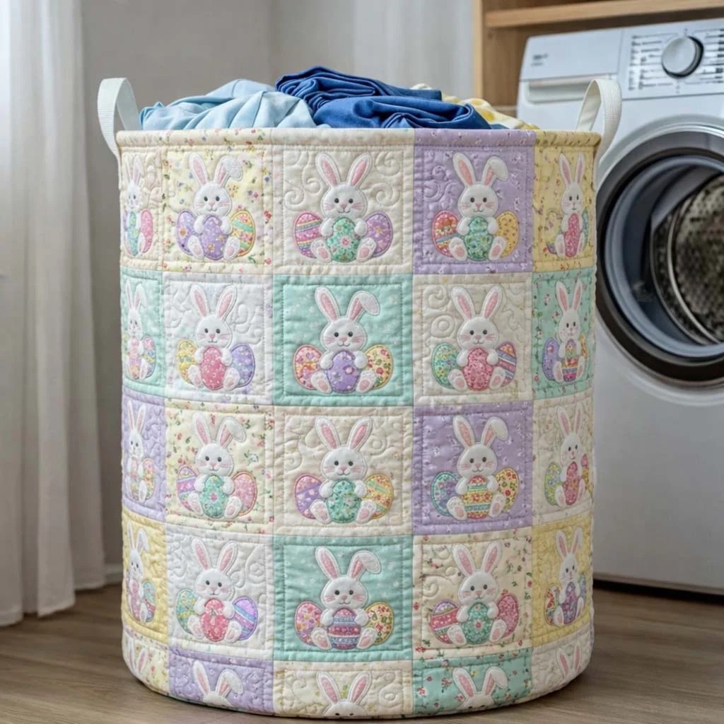 Easter Bunny Egg Pattern Quilted Laundry Basket Pastel Home Decor Best Easter Gift For Families