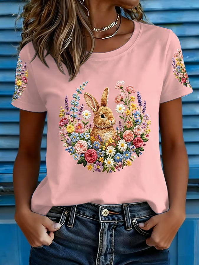 Easter Bunny Floral Circle T-Shirt Cute Spring Rabbit Sleeve Fan Best Gift For Easter Fans