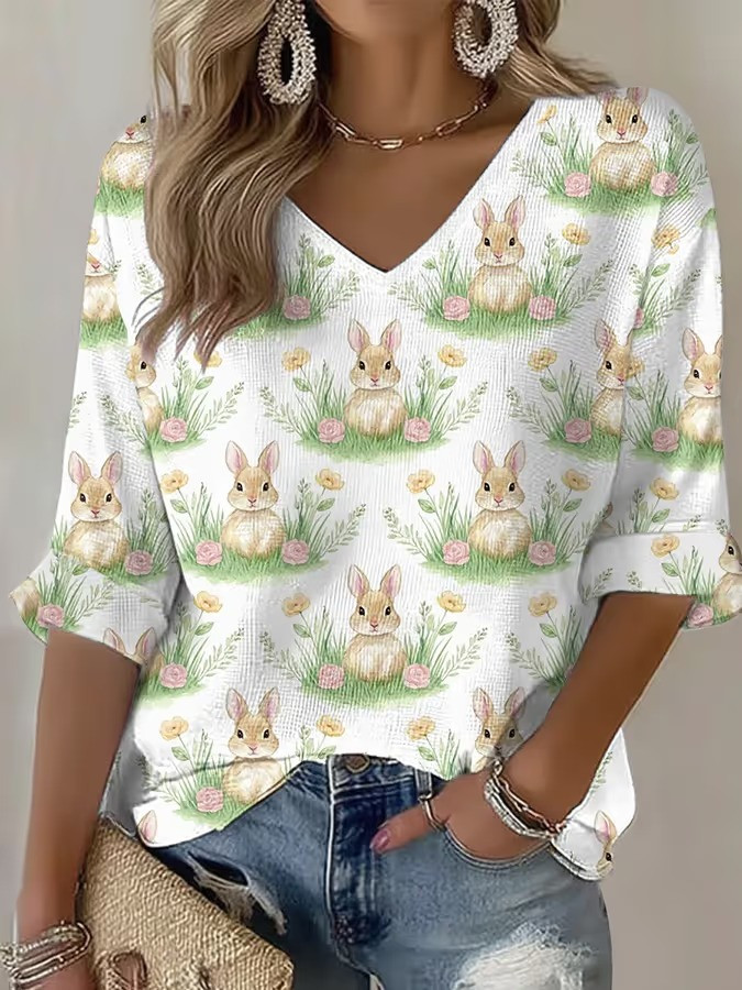 Easter Bunny Floral Meadow V-Neck Long Sleeve Shirt Cute Spring Rabbit Garden Fan Tee Best Gift For Easter Fans