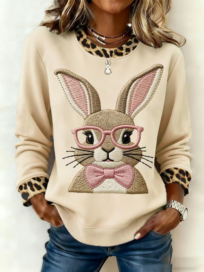 Easter Bunny Glasses Bow Leopard Sweatshirt Cute Spring Rabbit Fan Tee Best Gift For Easter Bunny Lovers