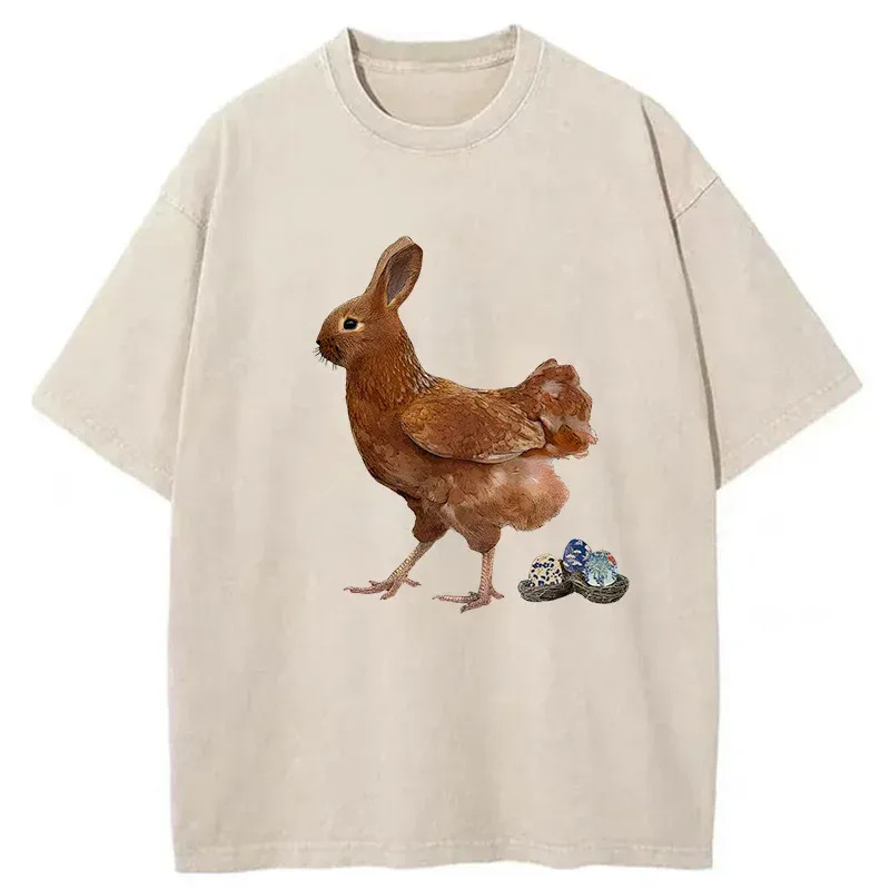 Easter Bunny Laying Eggs Washed T-Shirt Cool Graphic Tee For Men Women Gifts For Him