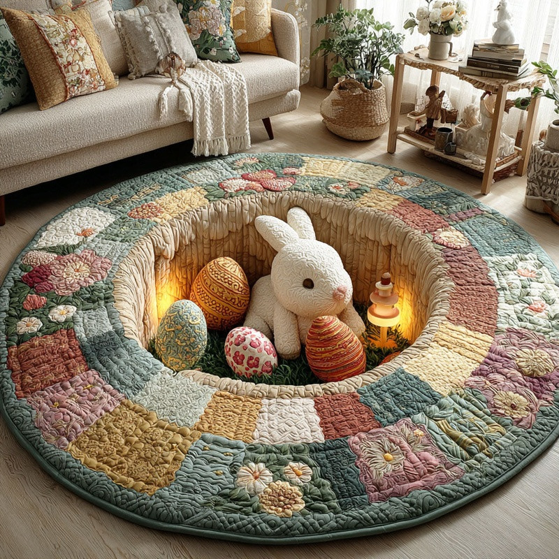 Easter Bunny Patch Quilted Round Mat Spring Floral Home Decor Gift For Easter Lovers