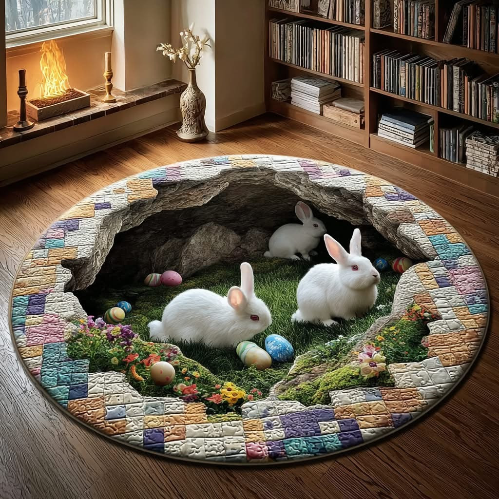 Easter Bunny Quilted Round Mat White Bunnies Easter Eggs Cave Decor Best Gift For Easter Lovers