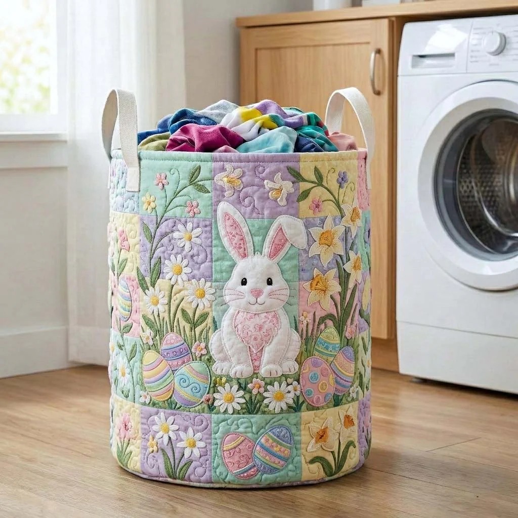 Easter Bunny Spring Garden Quilted Laundry Basket Floral Home Decor Best Gift For Easter Lovers