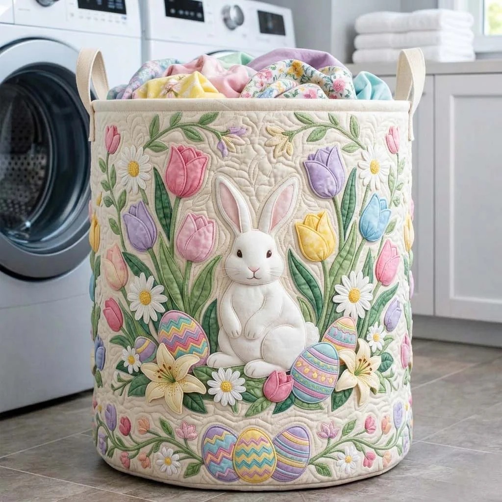 Easter Bunny Tulip Meadow Quilted Laundry Basket Spring Floral Home Decor Gift For Easter Lovers