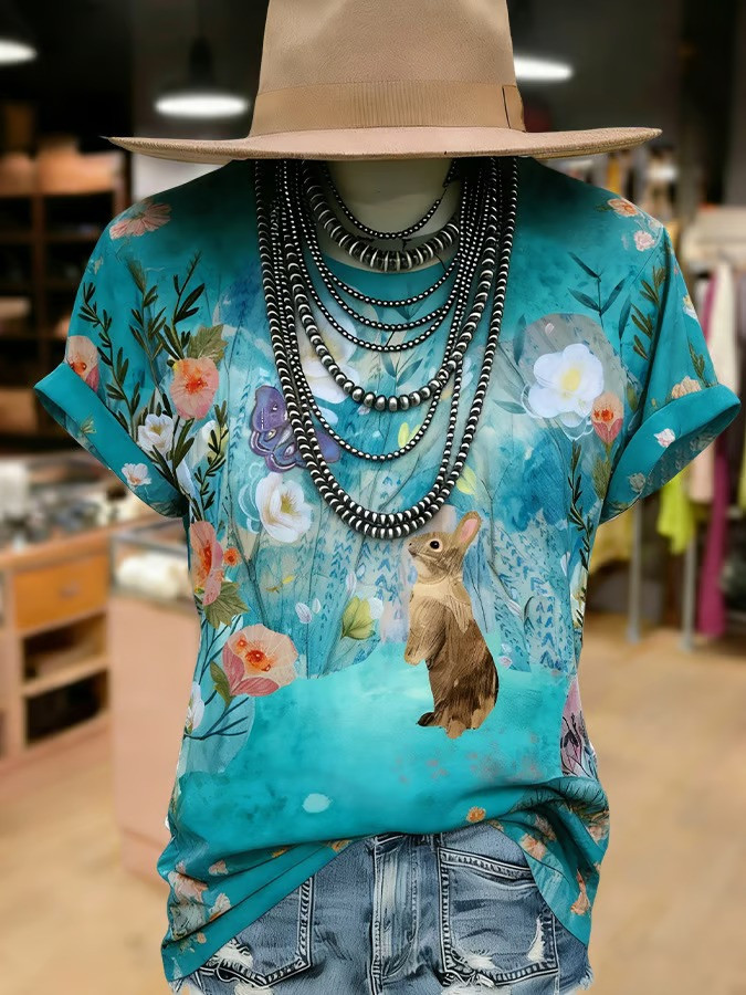 Easter Bunny Wildflower Watercolor T-Shirt Cute Spring Rabbit Garden Teal Tee Best Gift For Easter Fans